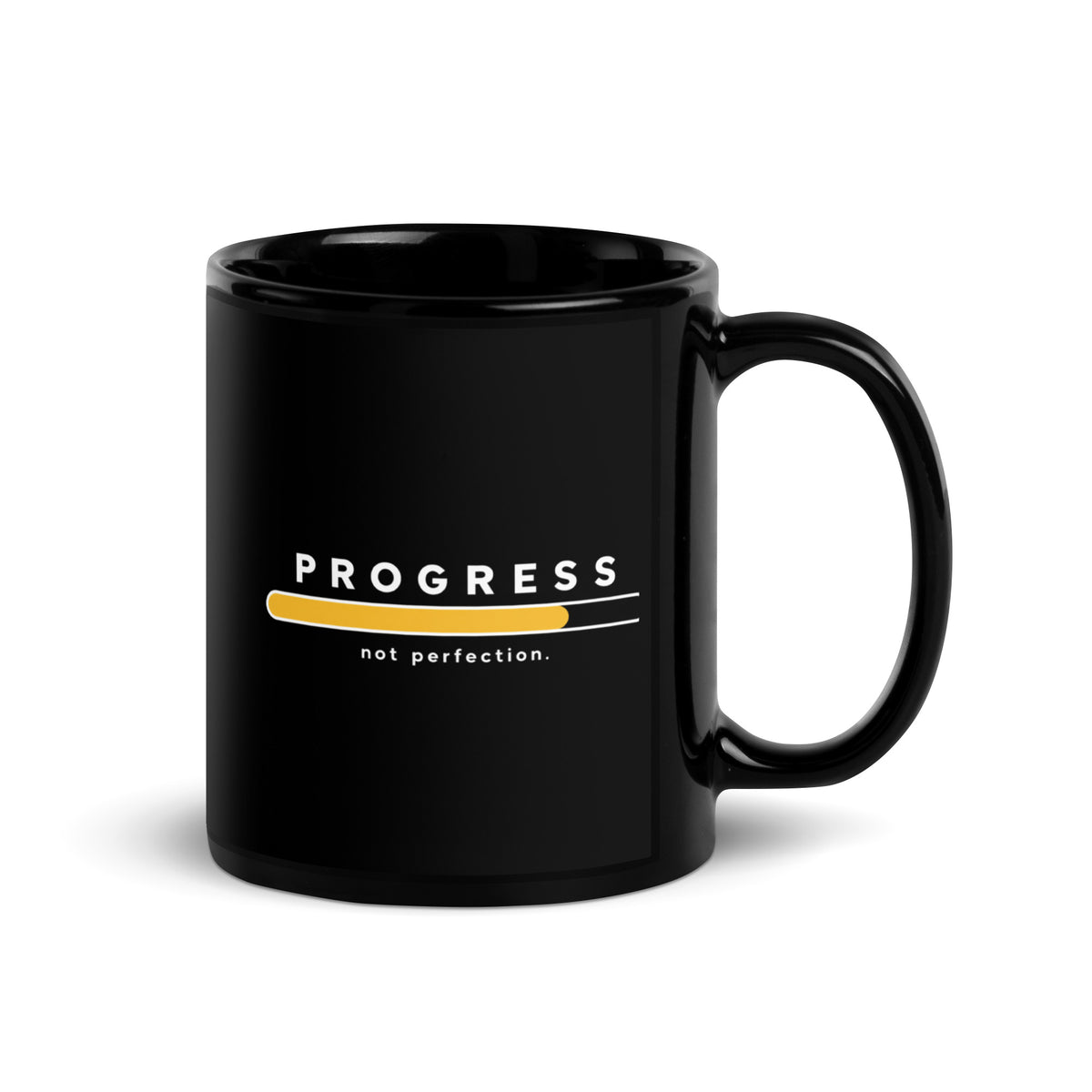 Black Progress Not Perfection mug, 11 oz, handle on right