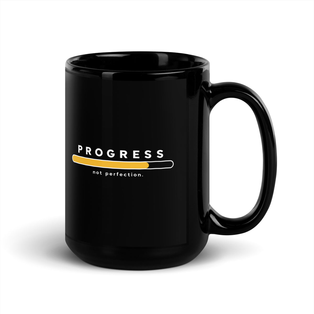 Black Progress Not Perfection mug, 15 oz, handle on right