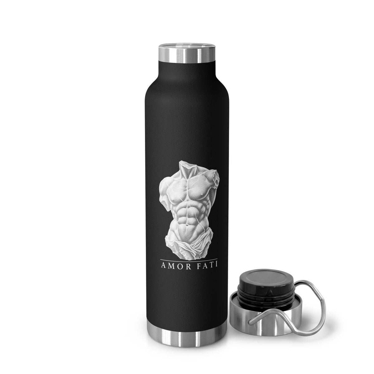 Black Amor Fati insulated bottle, 22 oz, front view