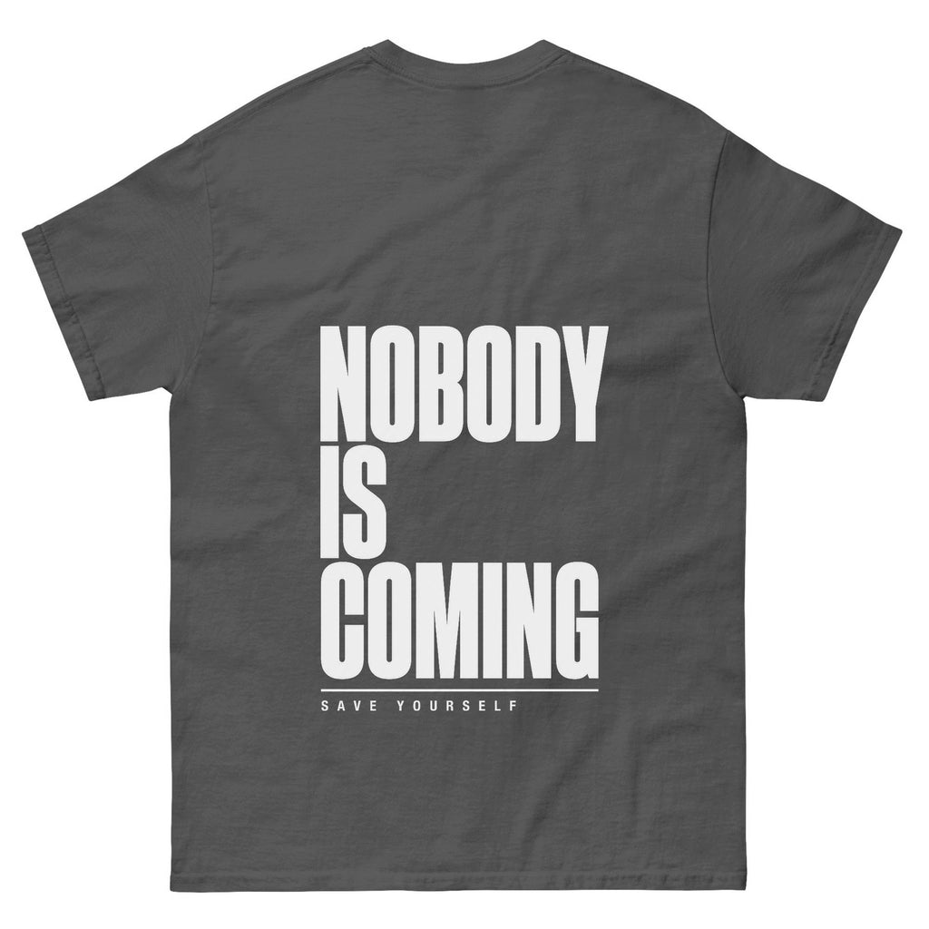 Nobody Is Coming tee, dark heather, back print