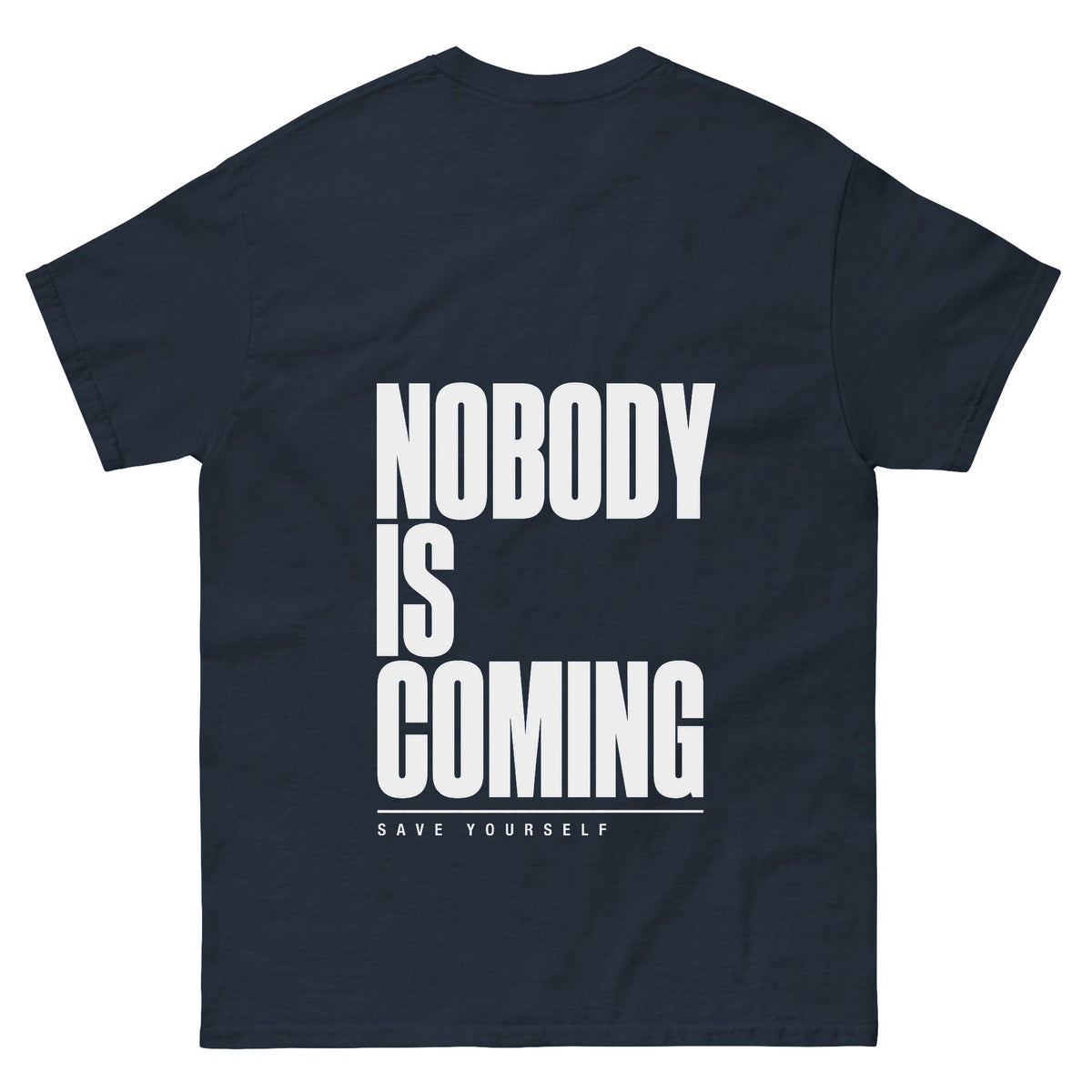 Nobody Is Coming tee, navy, back print