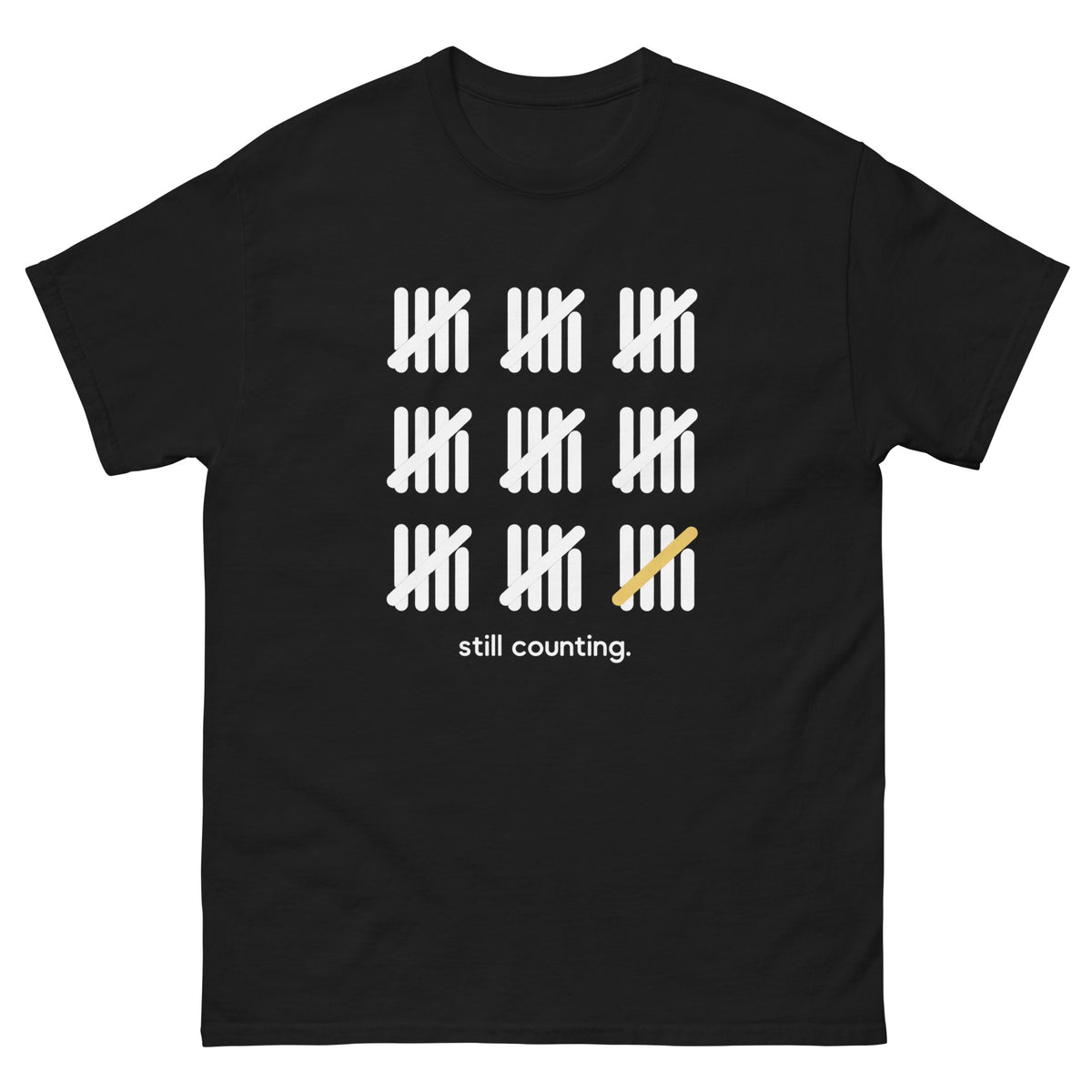 Black Still Counting t-shirt, front