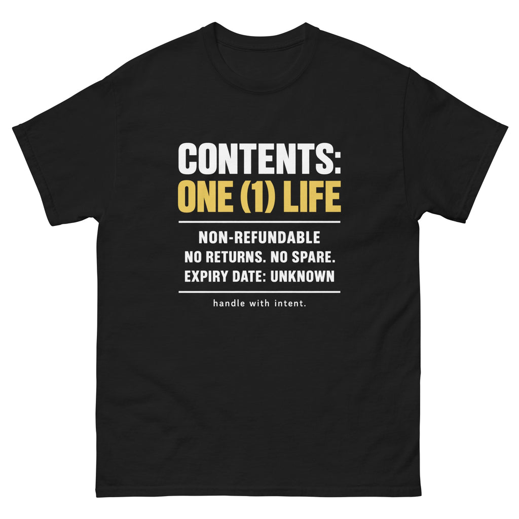 Black Contents One Life t-shirt, front