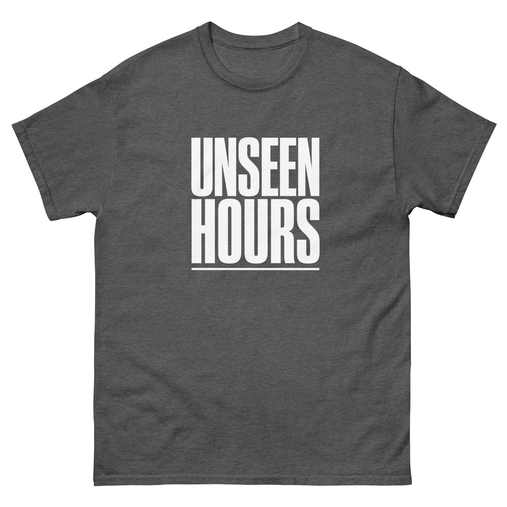 Dark Heather Unseen Hours t-shirt, front