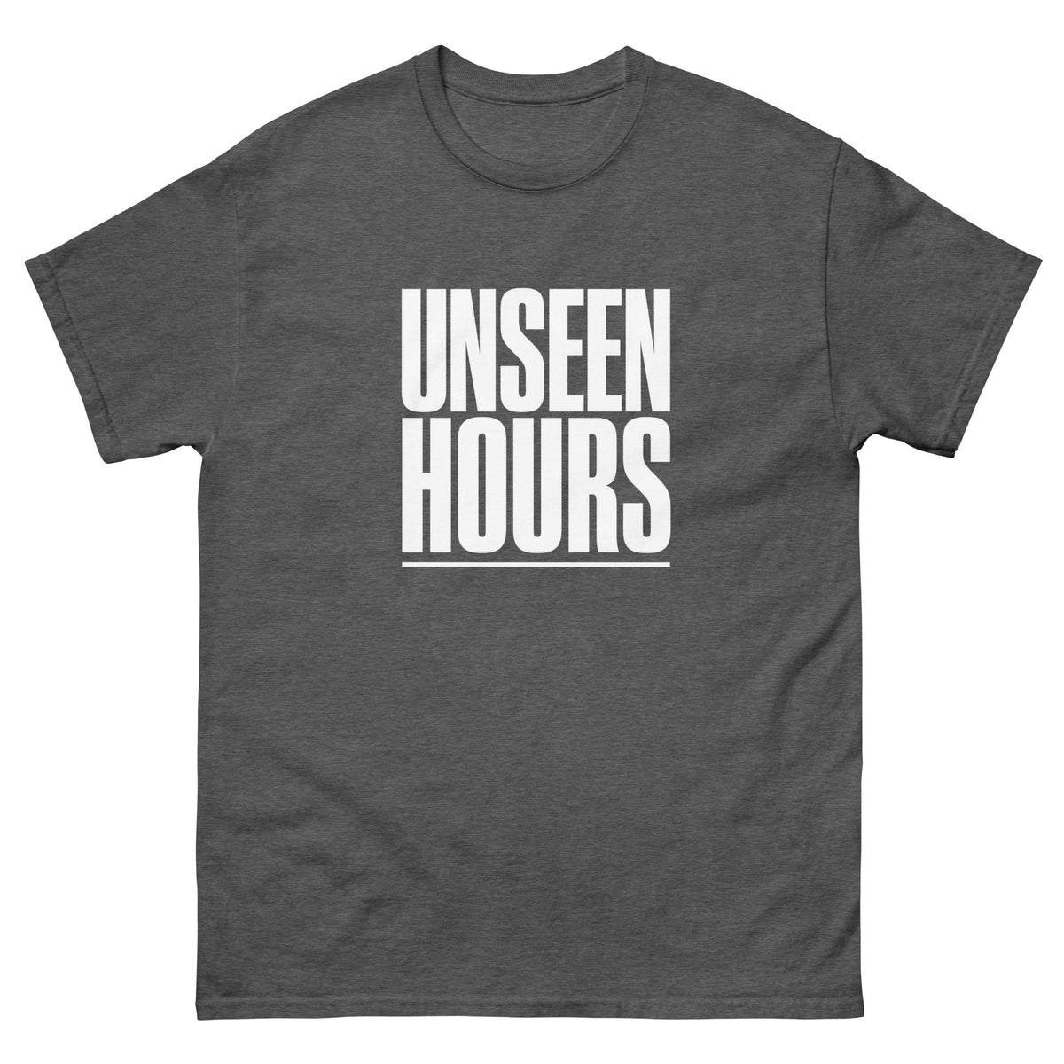 Dark Heather Unseen Hours t-shirt, front