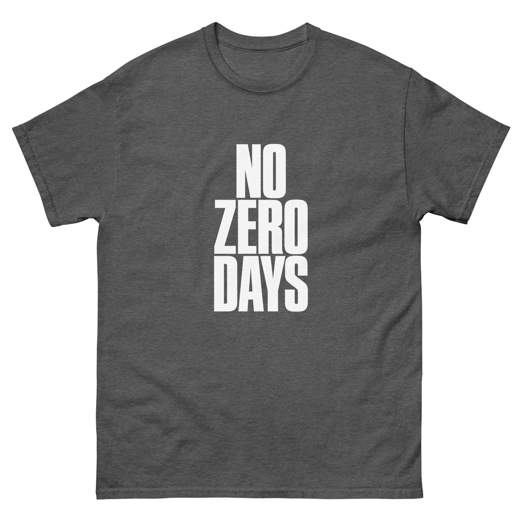 Dark Heather No Zero Days t-shirt, front