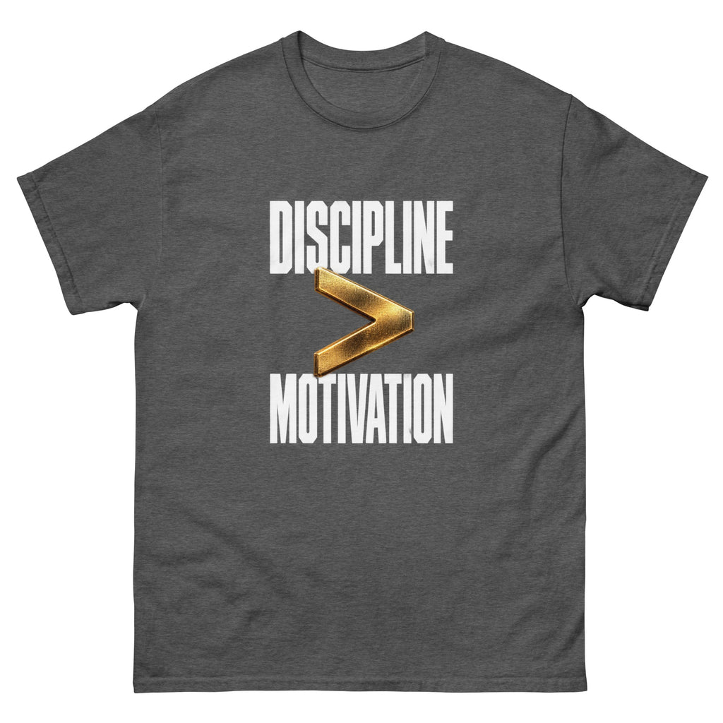 Dark Heather Motivation and Discipline t-shirt, front