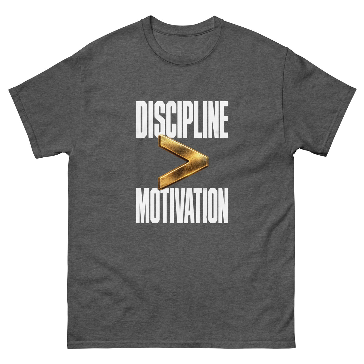 Dark Heather Motivation and Discipline t-shirt, front