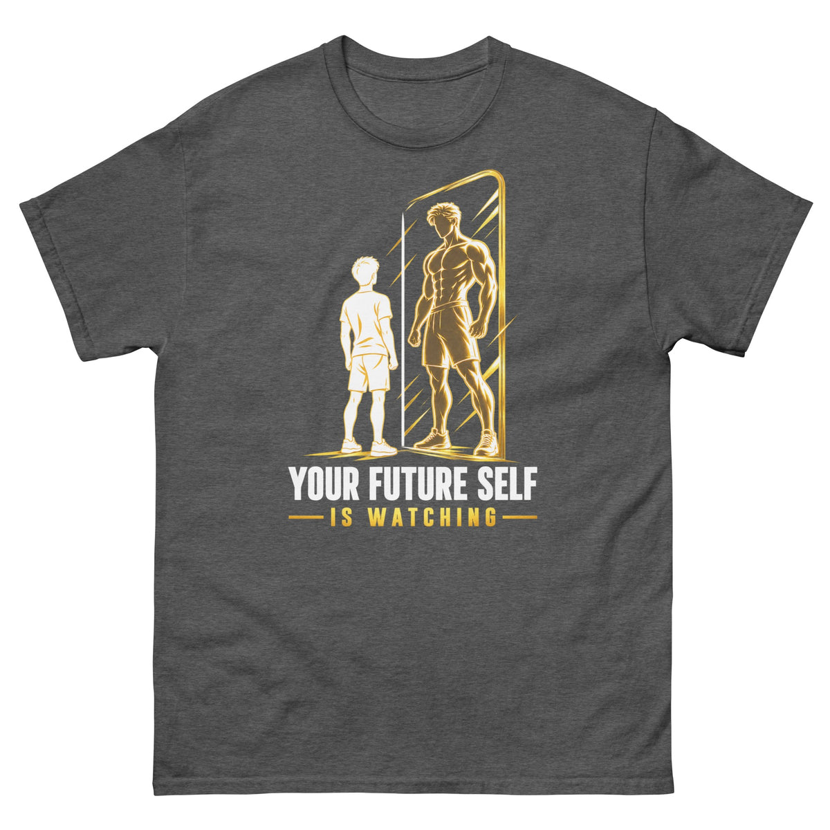 Dark Heather Future Self Watching t-shirt, front