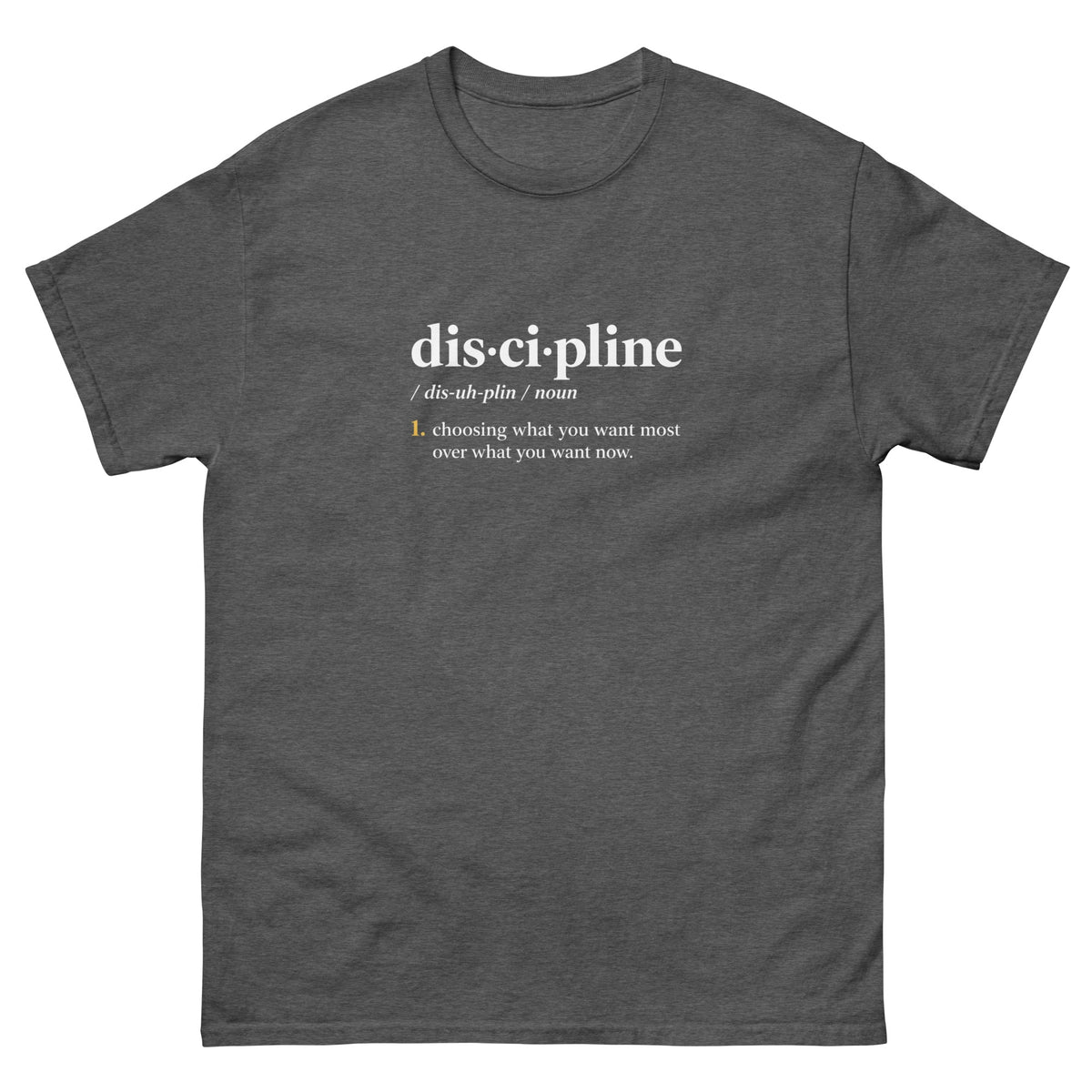 Dark Heather Discipline Definition t-shirt, front