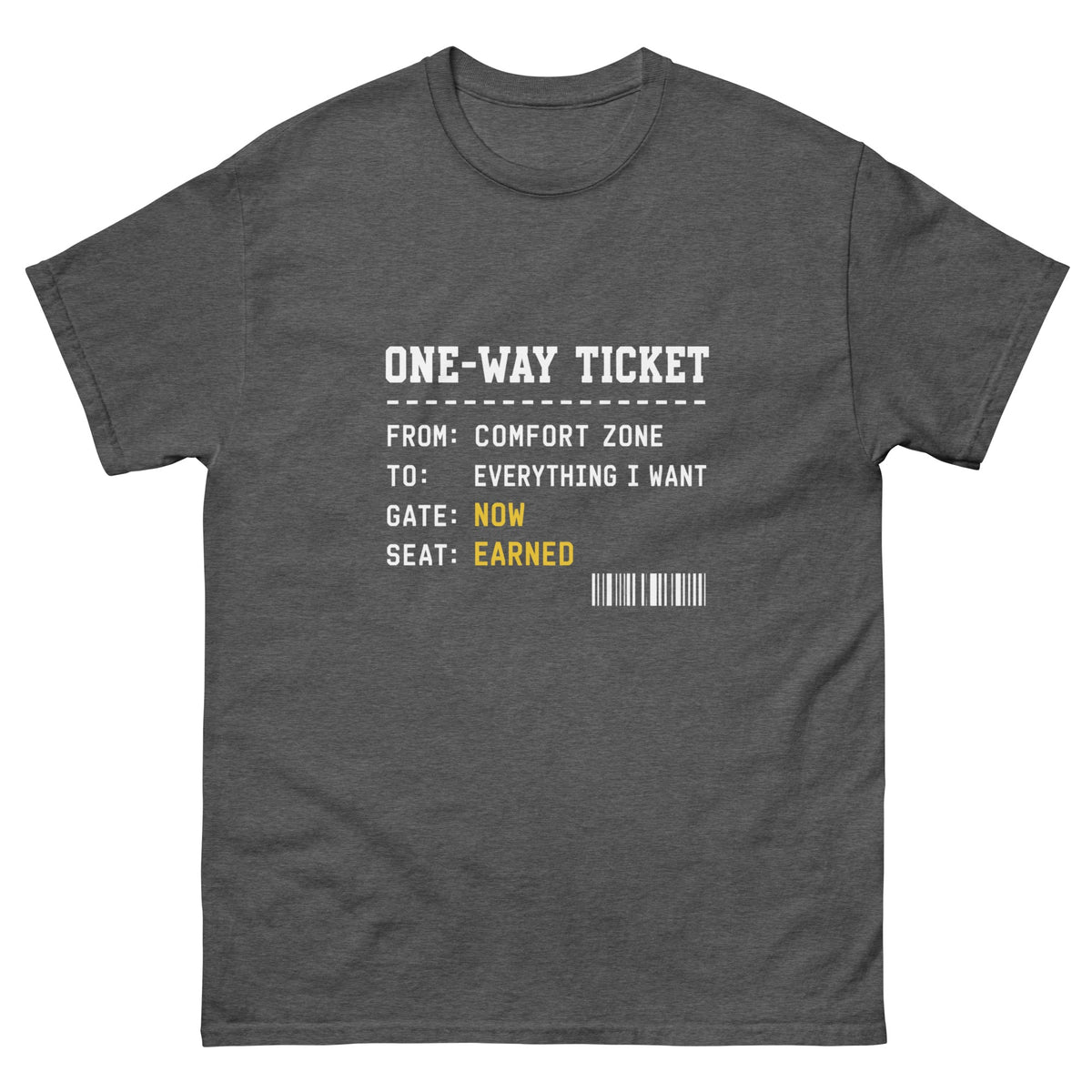 Dark Heather One Way Ticket t-shirt, front