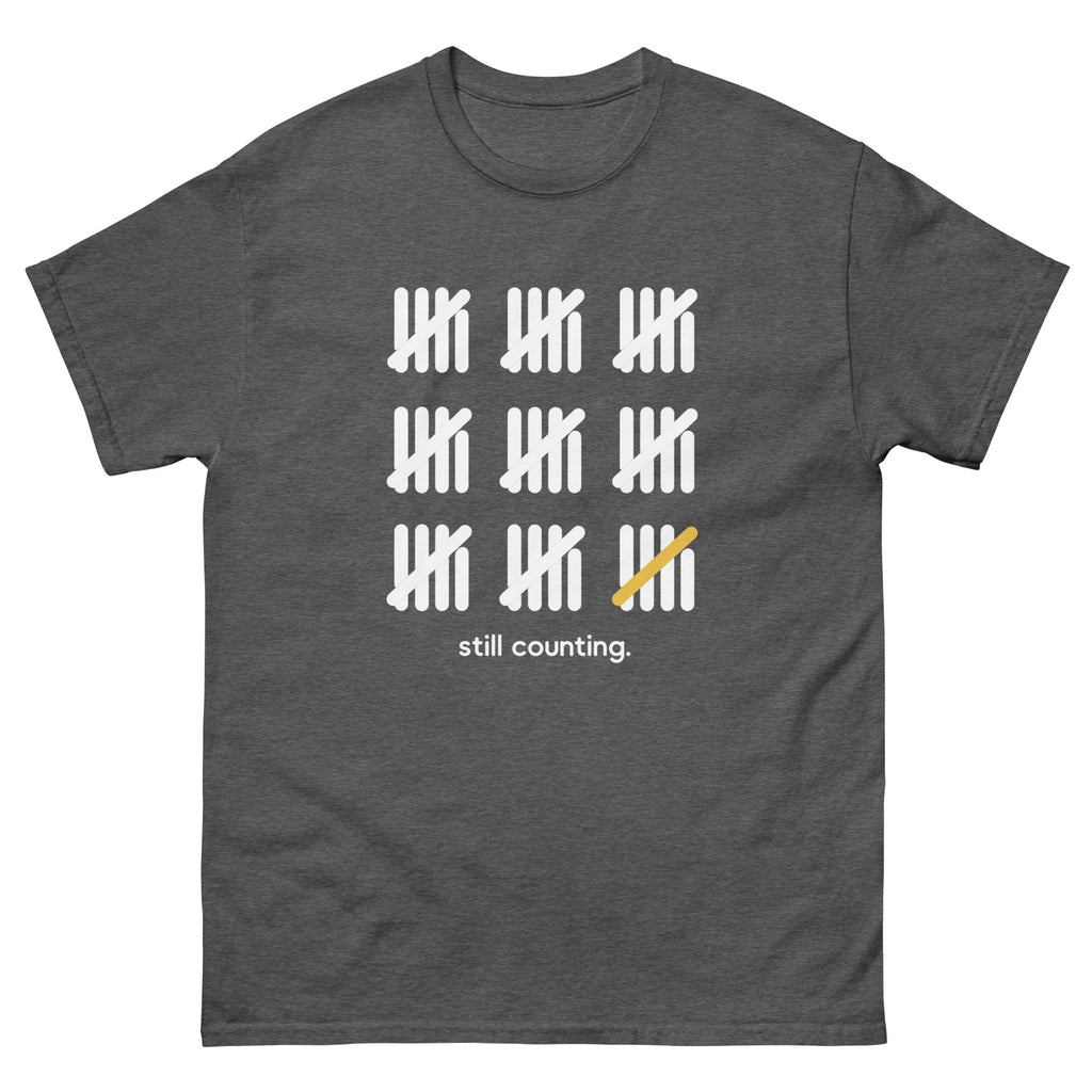 Dark Heather Still Counting t-shirt, front
