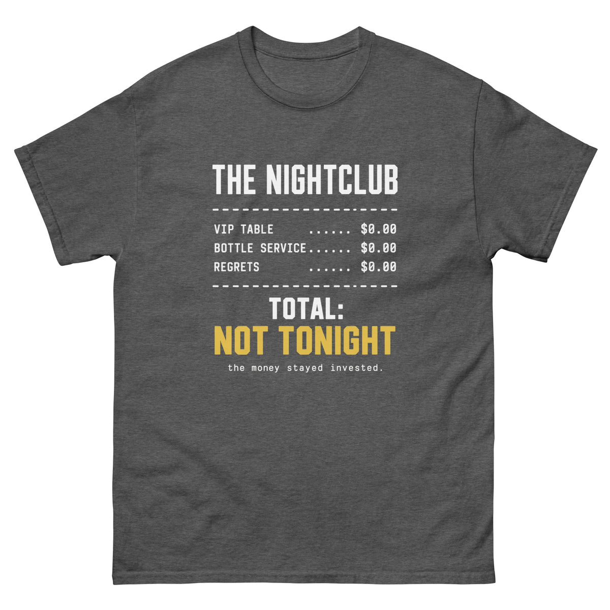 Dark Heather Club Receipt t-shirt, front
