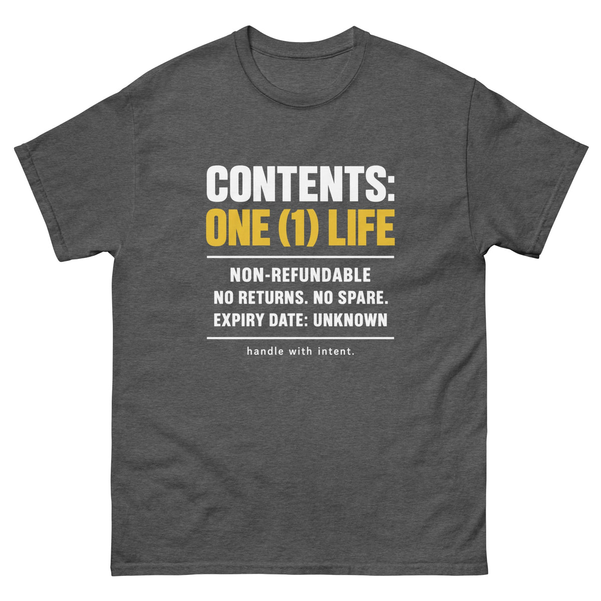 Dark Heather Contents One Life t-shirt, front
