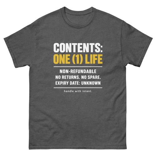 Dark Heather Contents One Life t-shirt, front