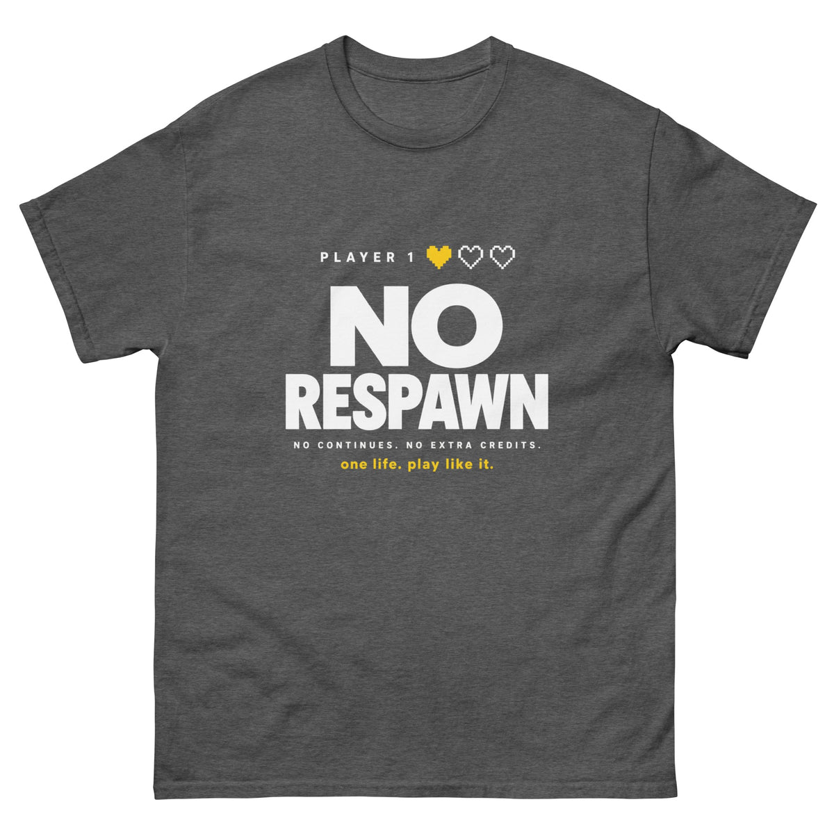 Dark Heather No Respawn t-shirt, front