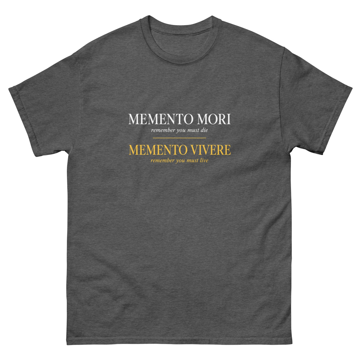 Dark Heather Memento Vivere t-shirt, front