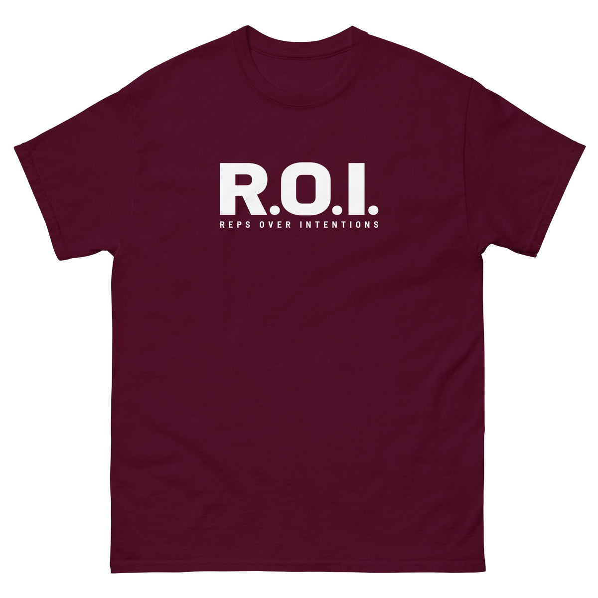 Maroon ROI t-shirt, front