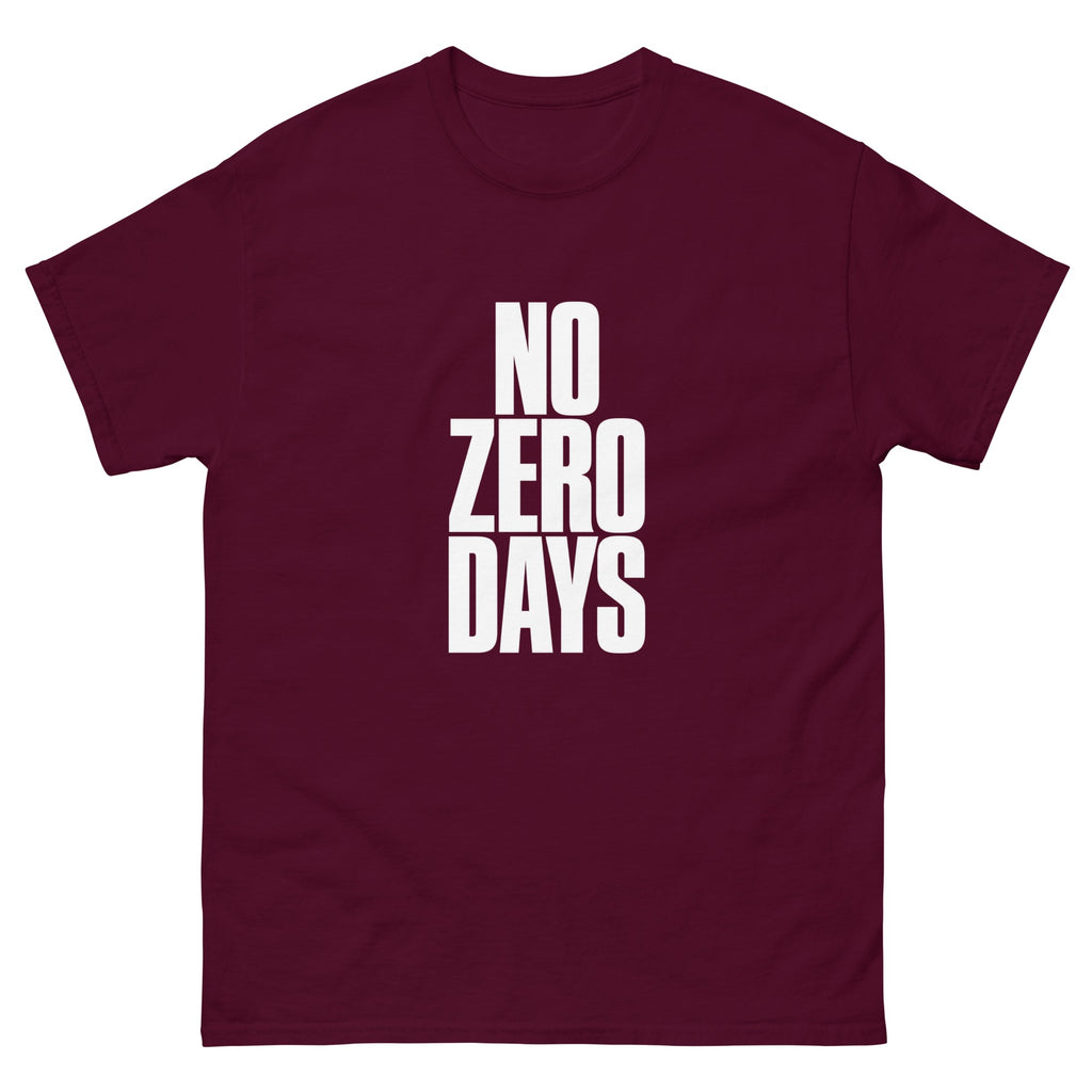 Maroon No Zero Days t-shirt, front