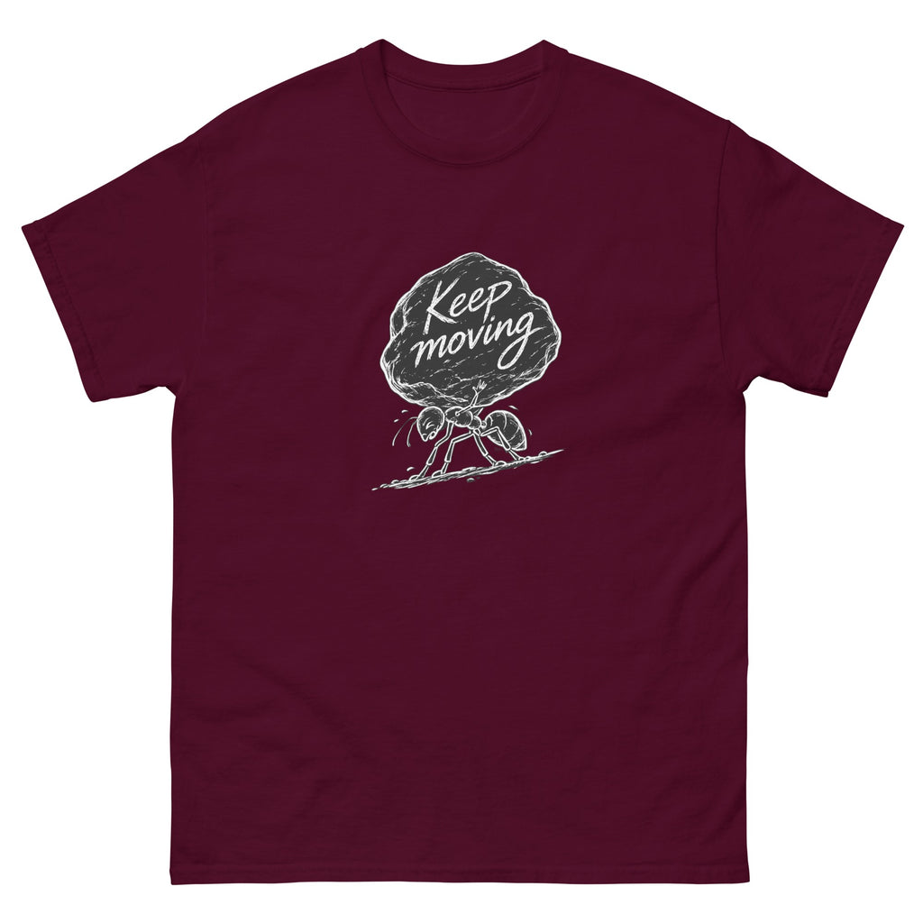 Maroon Keep Moving t-shirt, front