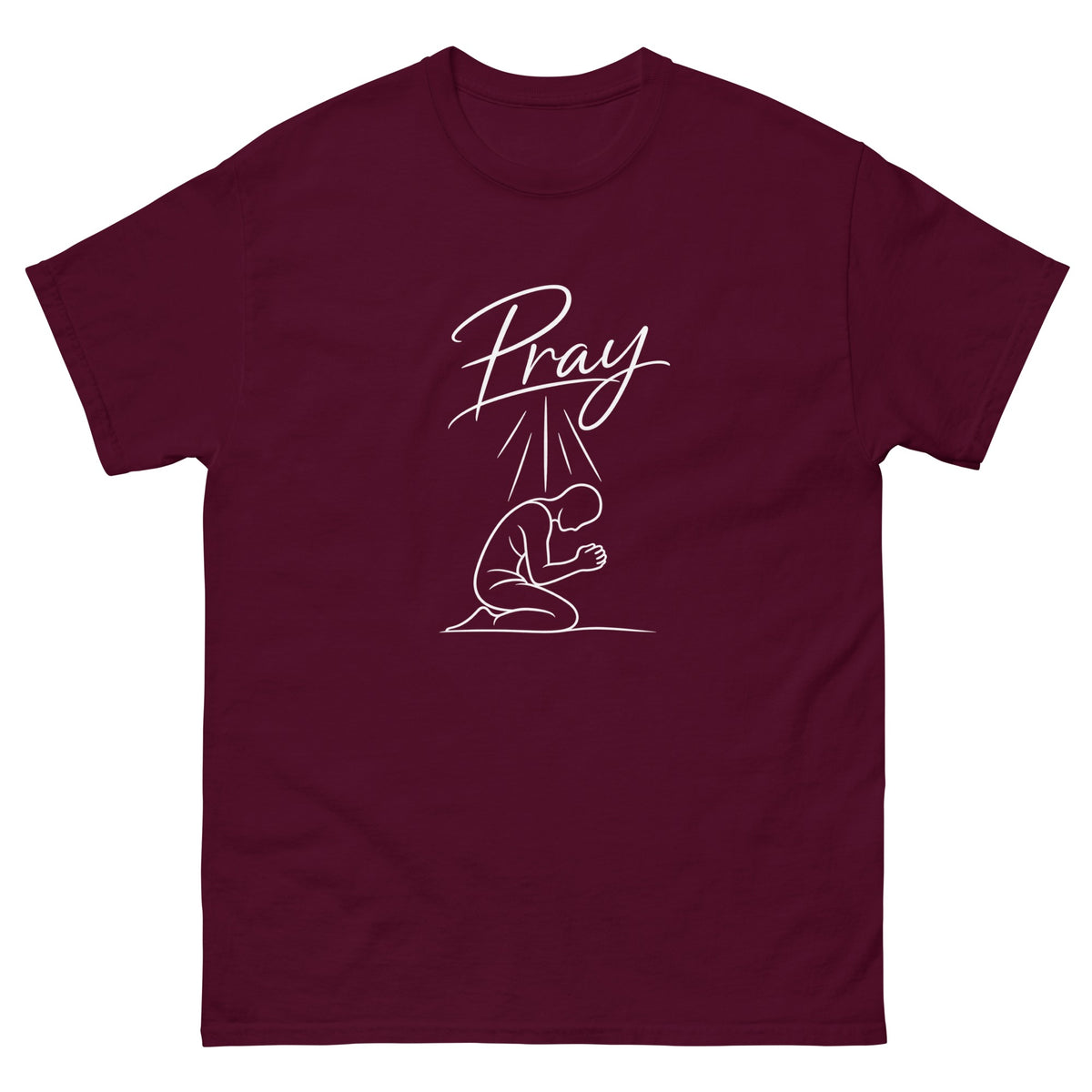 Maroon Pray t-shirt, front