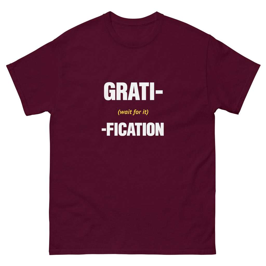Maroon Delayed Gratification t-shirt, front