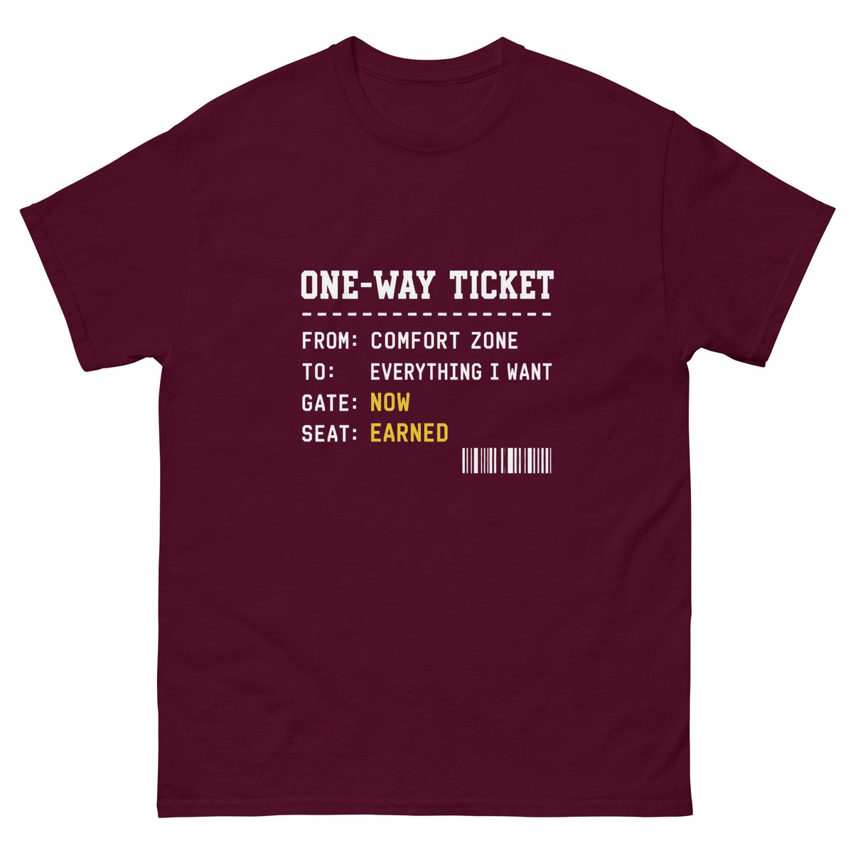 Maroon One Way Ticket t-shirt, front