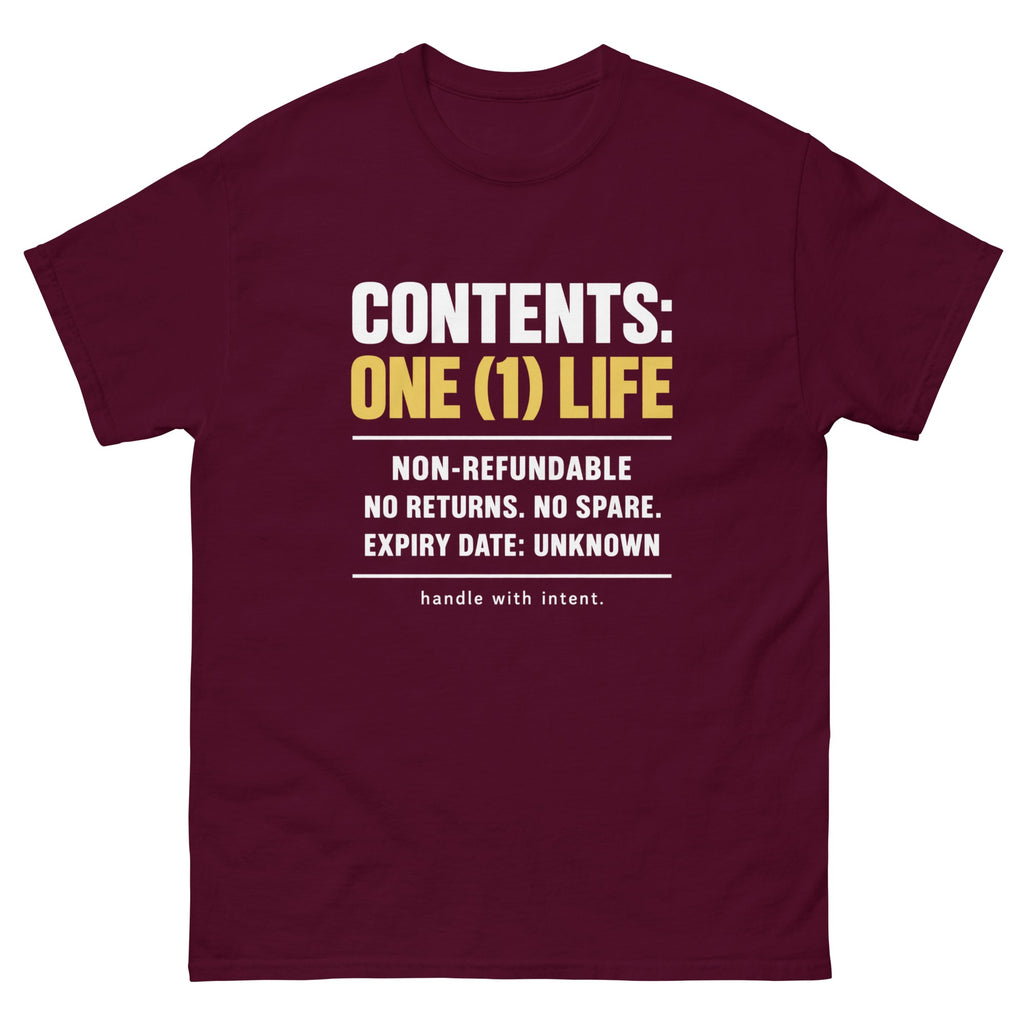 Maroon Contents One Life t-shirt, front