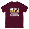 Maroon Contents One Life t-shirt, front