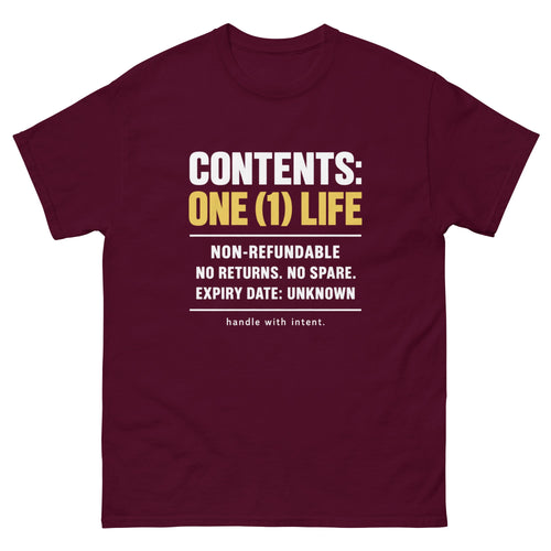 Maroon Contents One Life t-shirt, front