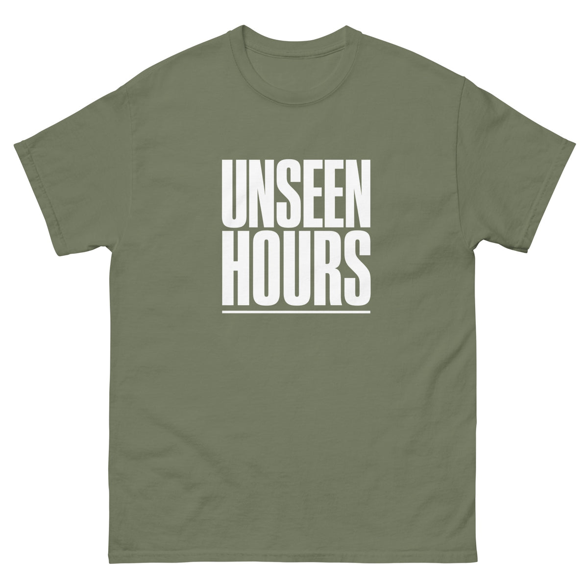 Military Green Unseen Hours t-shirt, front