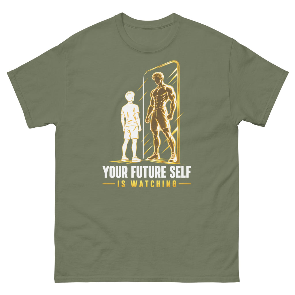 Military Green Future Self Watching t-shirt, front