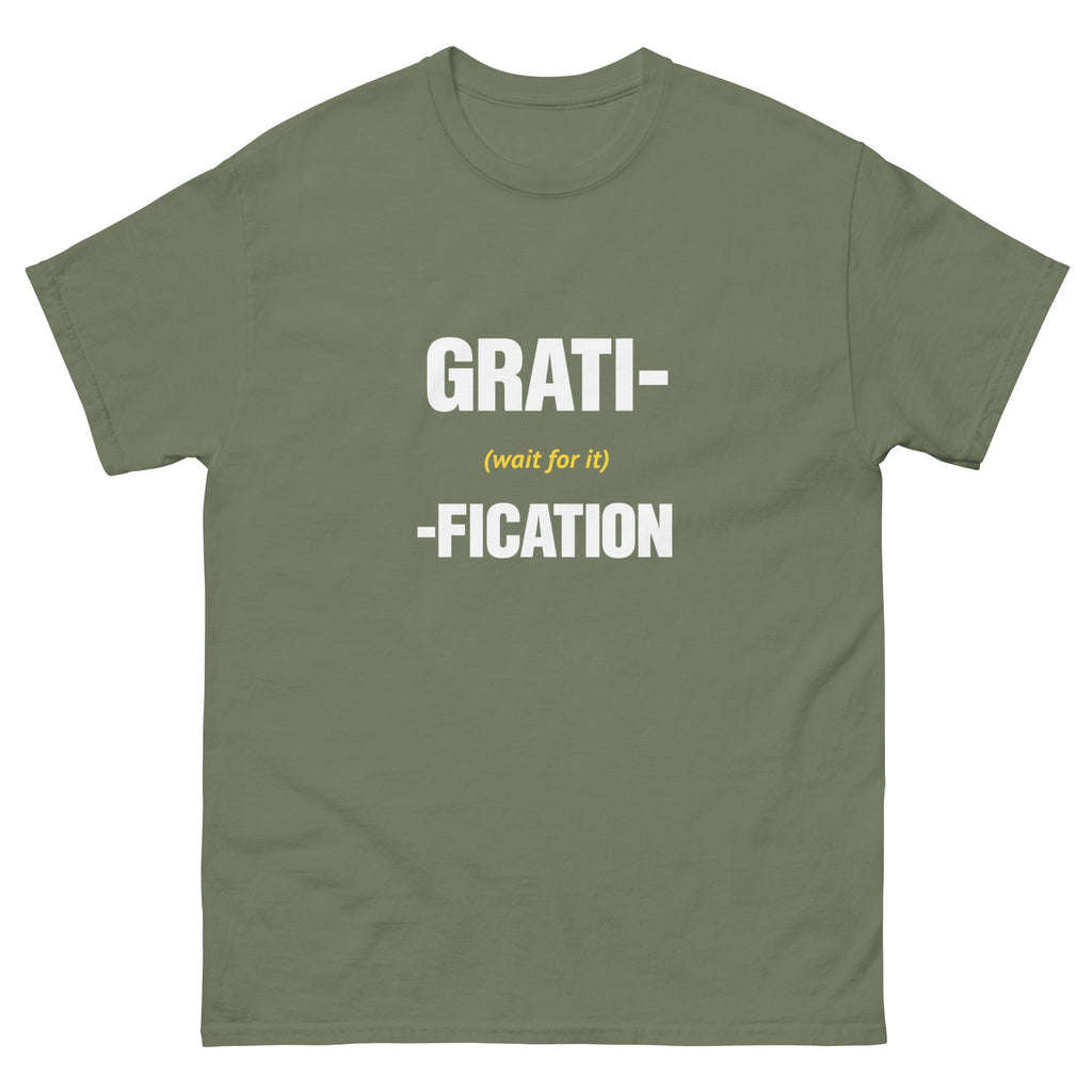 Military Green Delayed Gratification t-shirt, front