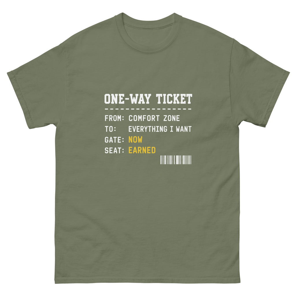 Military Green One Way Ticket t-shirt, front