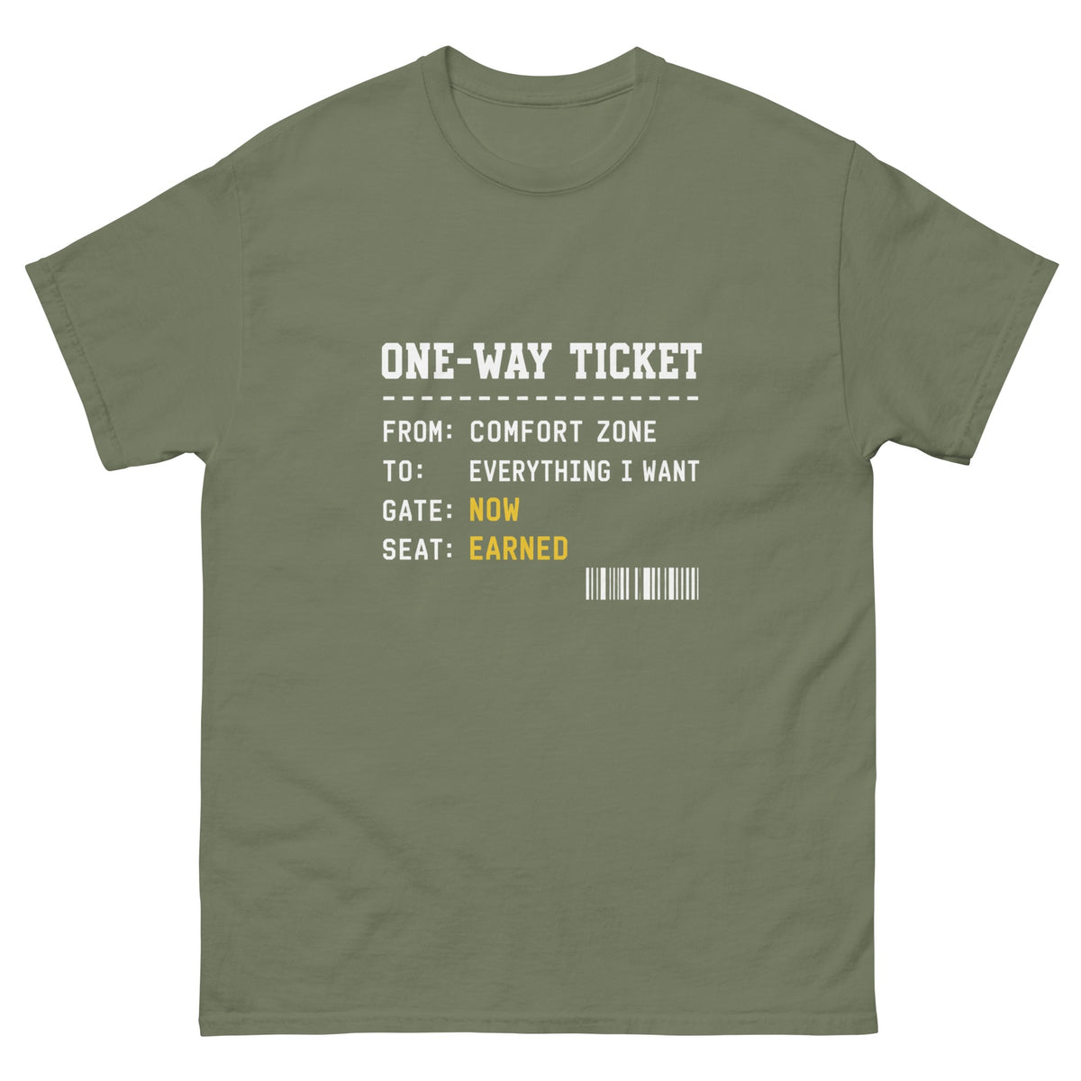 Military Green One Way Ticket t-shirt, front