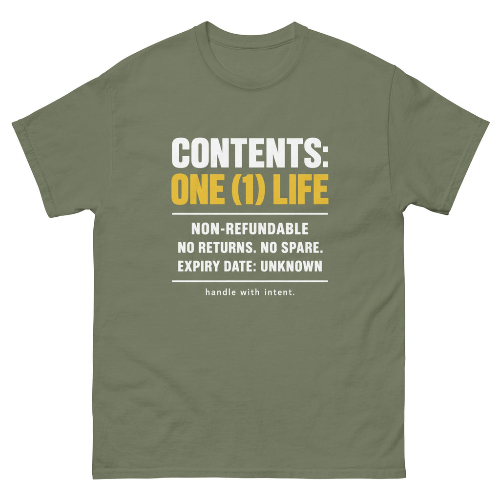 Military Green Contents One Life t-shirt, front