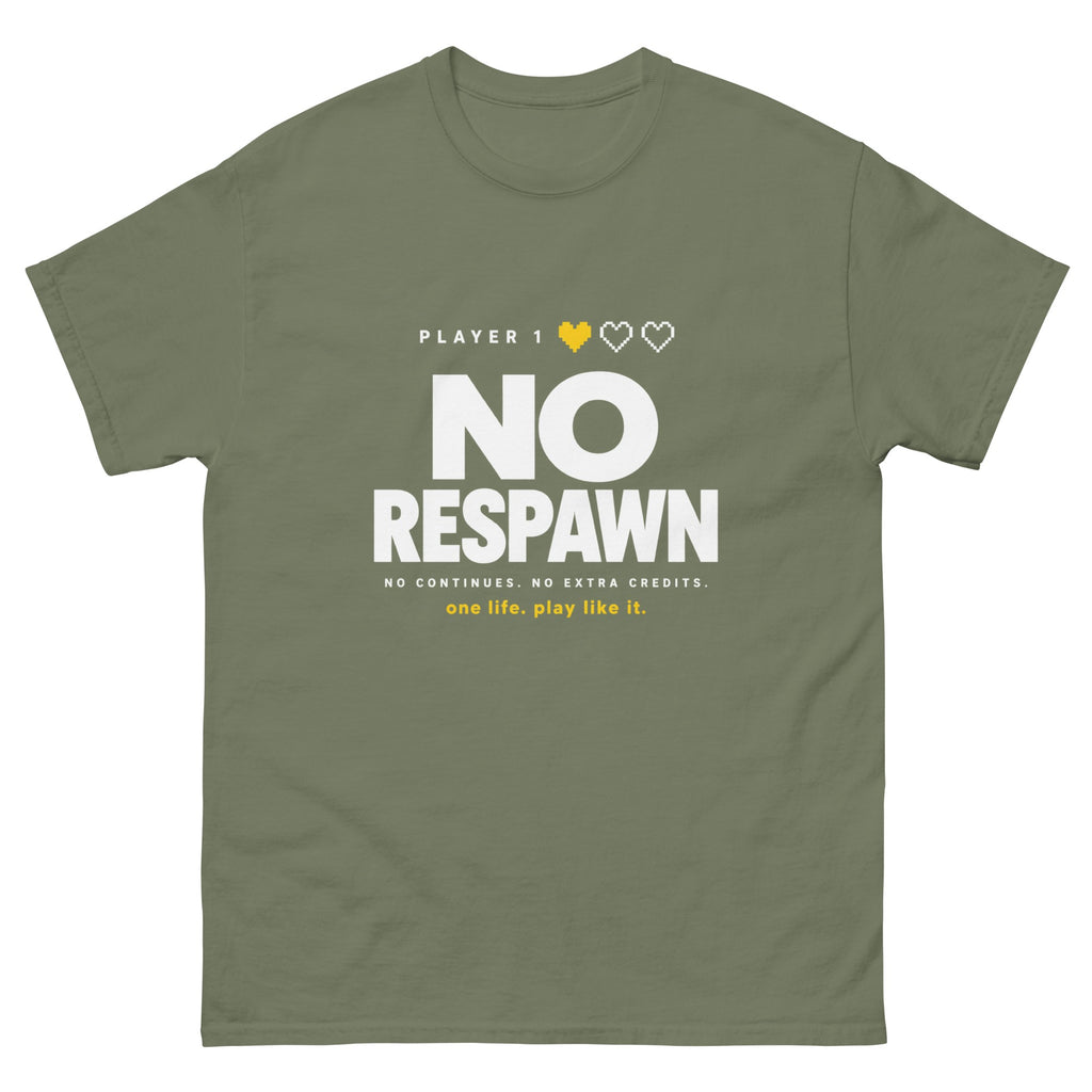 Military Green No Respawn t-shirt, front