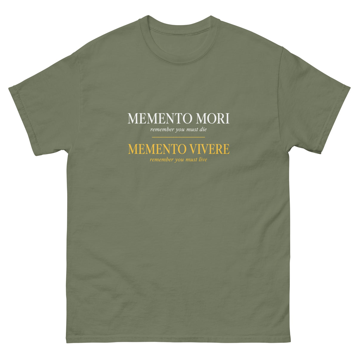Military Green Memento Vivere t-shirt, front
