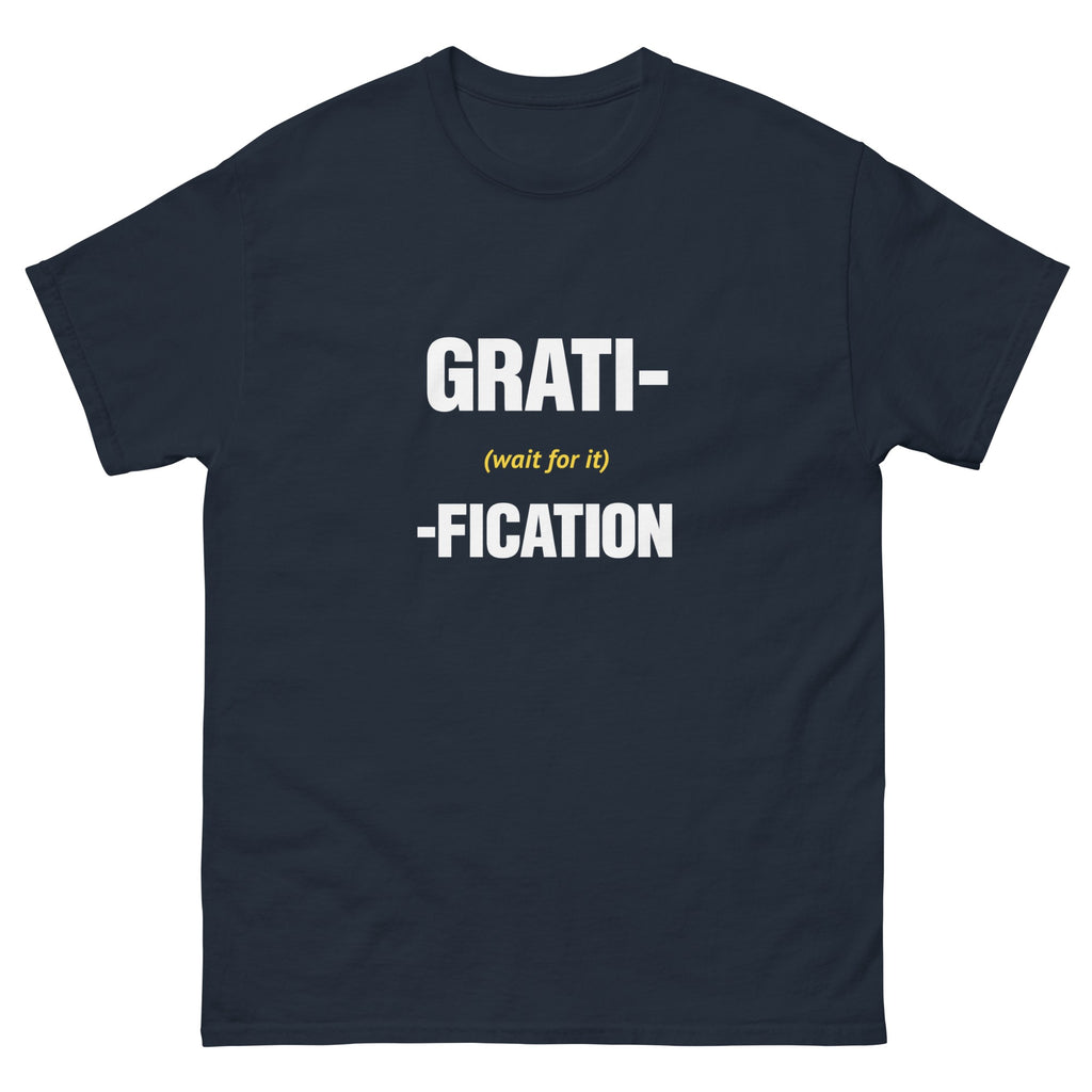 Navy Delayed Gratification t-shirt, front