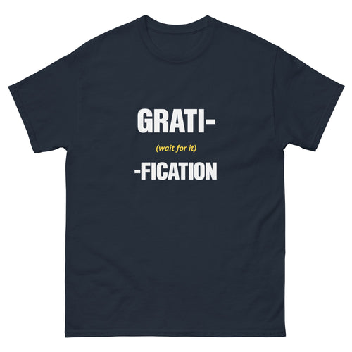 Navy Delayed Gratification t-shirt, front
