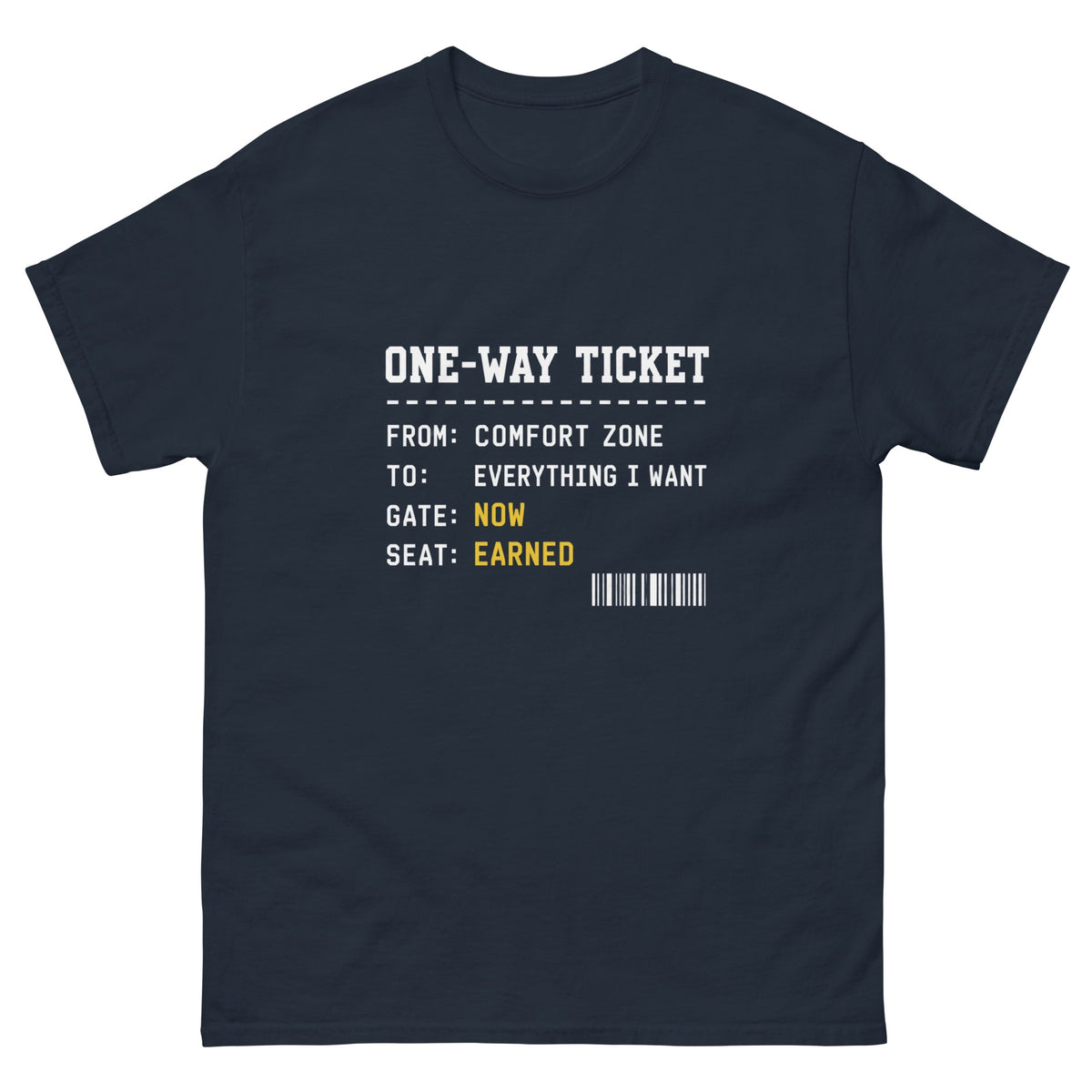 Navy One Way Ticket t-shirt, front