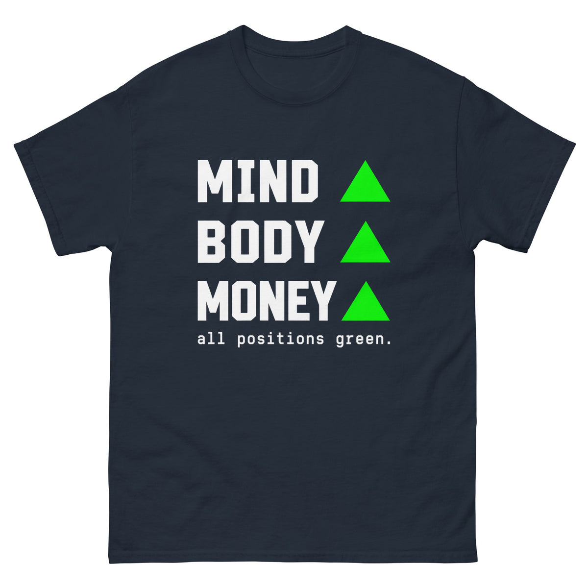 Navy All Positions Green t-shirt, front